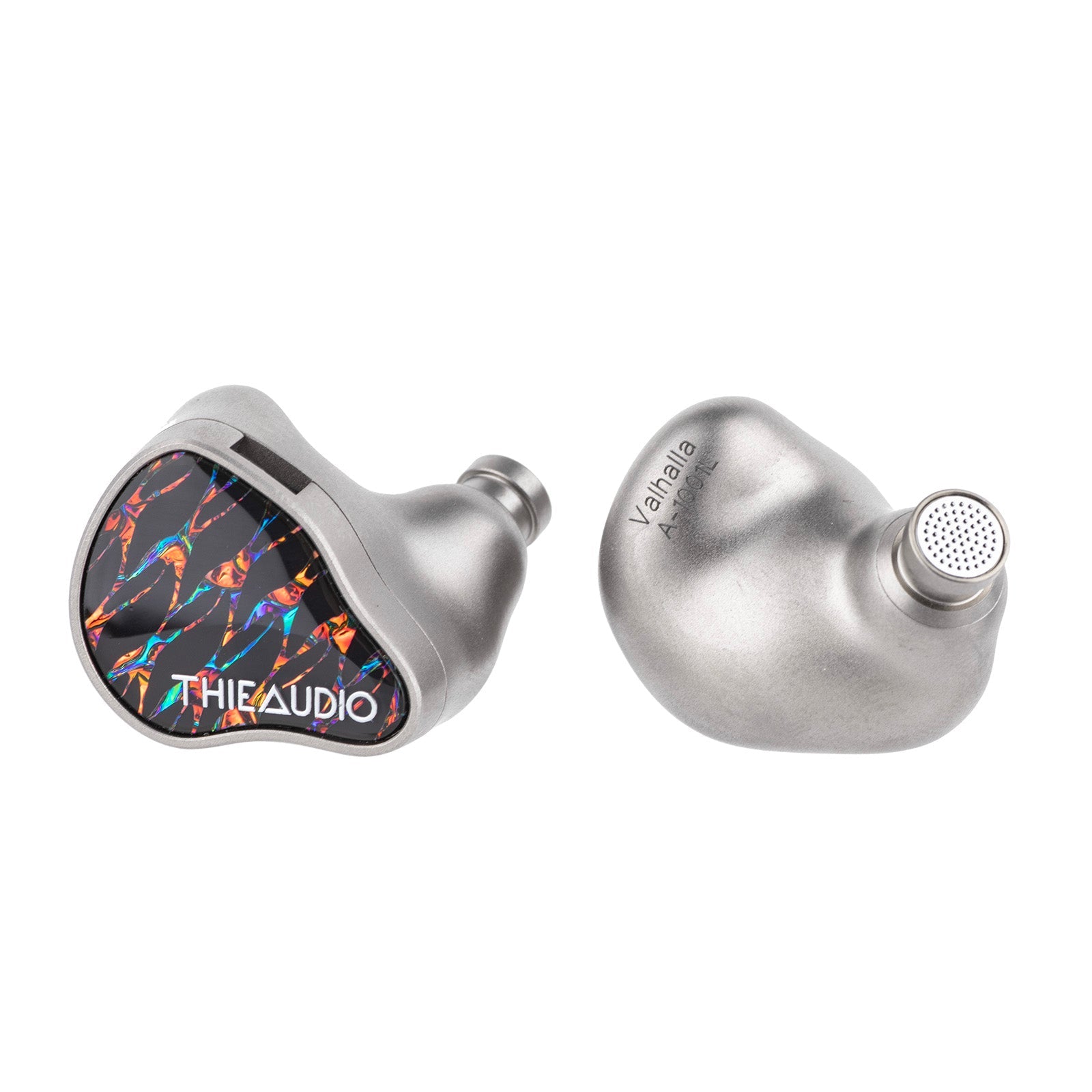 Thieaudio Valhalla shells: faceplate side, and inner side with engraved name and mesh nozzle