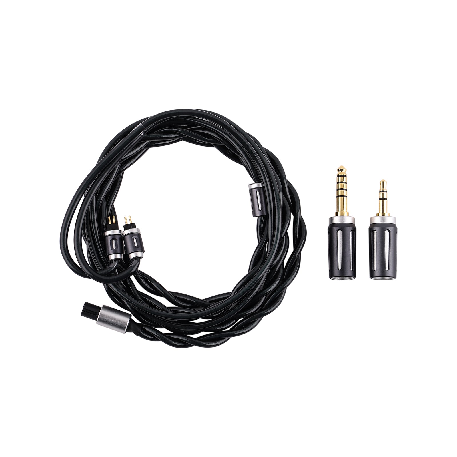 Coiled black braided cable with 2-pin connectors beside two screw-on plugs, 4.4 mm and 3.5 mm