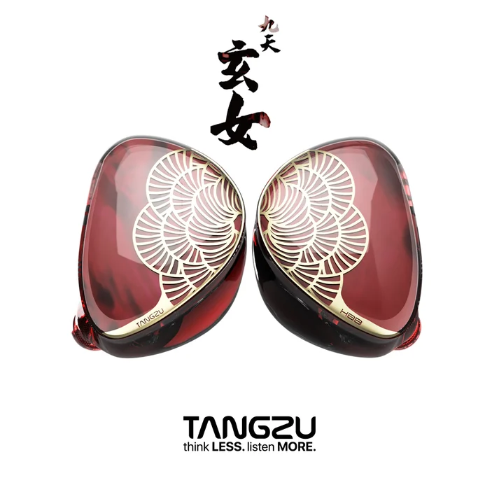 Tangzu Xuan NV shell close-up showing the translucent red resin body and gold butterfly faceplate accents